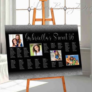 Customized Birthday Seating Chart, Black and Silver, Sweet 16th, Reception Entrance Sign, Personalized Birthday Seating Chart, code 048-8