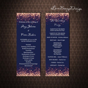 Rose Gold and Navy Blue Wedding program template, Rose Gold Sparkles, Instant download, Printable wedding program, code-024-7