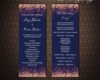 Rose Gold and Navy Blue Wedding program template, Rose Gold Sparkles, Instant download, Printable wedding program, code-024-7