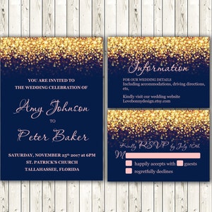 Navy Blue and Blush Pink and Gold Glitter Wedding Invitation Set, Information Card, Editable Wedding Invitations, doc, code-024-2