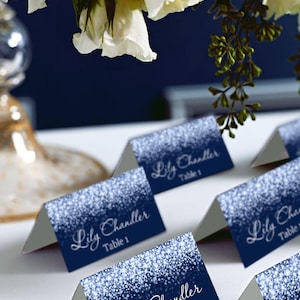 Tende per cartoline da sposa in argento e navy, segnaposto, Avery 5302, segnaposto fai-da-te stampabile, codice-024-4