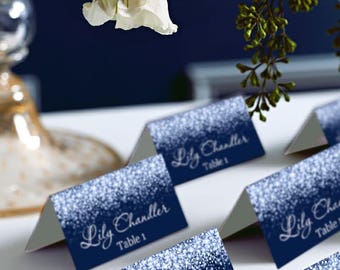 Silver Sparkle and Navy Wedding Place Card Tents, Place Cards, Avery 5302, DIY Place Card Printable, code-024-4