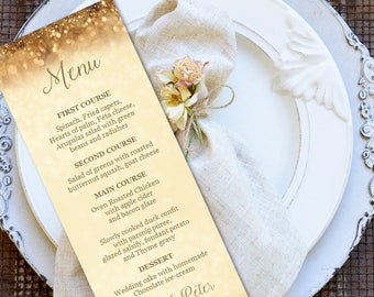 Black and Gold Glitter Wedding Menu Card, Dinner Party Menu, DIY Menu Card, Instant download, Printable wedding menu, code-016