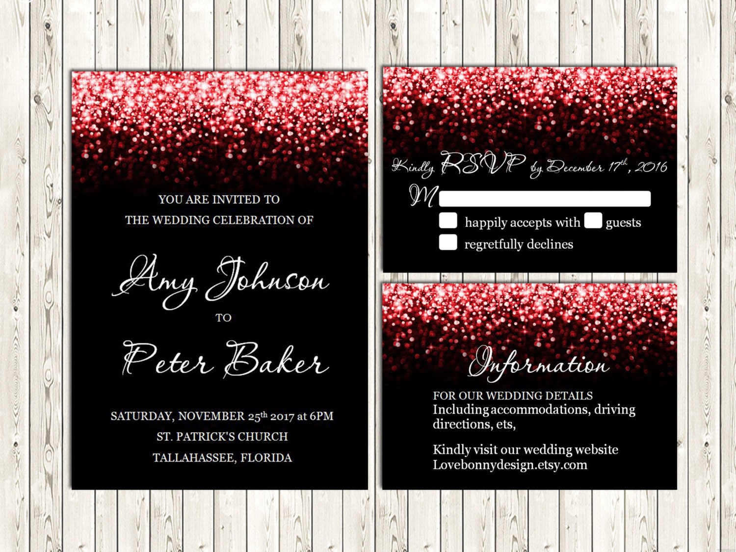 Red and Black Wedding Invitation Set Red Glitter Red Wedding | Etsy