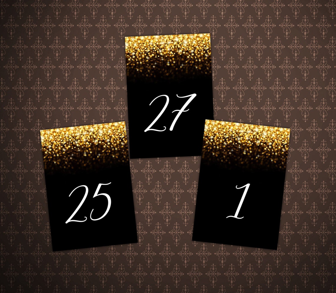 printable black and gold glitter wedding table numbers cards etsy