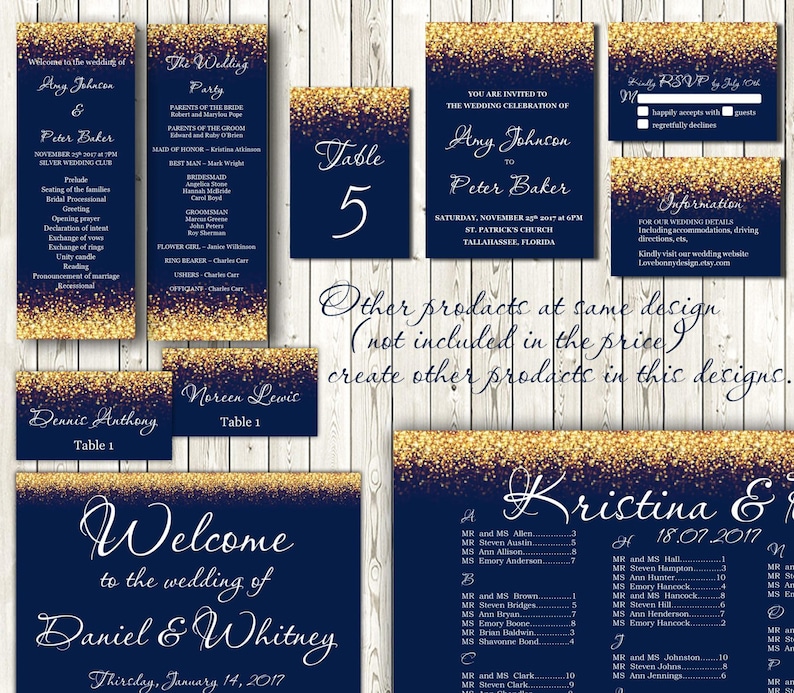 Gold Sparkle and Navy Wedding Place Card Tents, Place Cards, Avery® 5302 DIY Place Card Printable, code-024-2 image 3