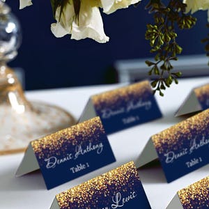 Tende per cartoline da sposa in oro scintillanti e navy, segnaposto, Avery® 5302 segnaposto fai-da-te stampabile, codice-024-2