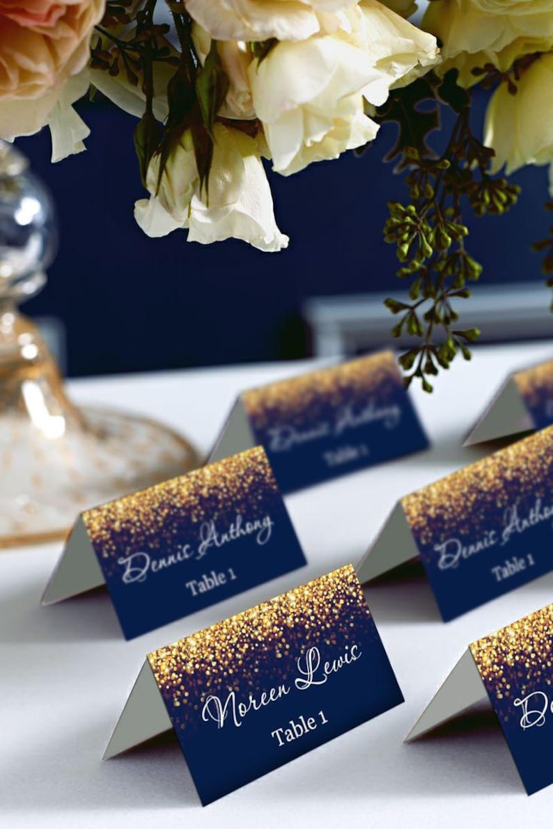 Gold Sparkle and Navy Wedding Place Card Tents, Place Cards, Avery® 5302 DIY Place Card Printable, code-024-2 image 1