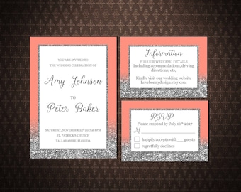 Wedding Invitation Set Printable, Coral and Silver Wedding invitation, Instant Download Templates, code-048-3