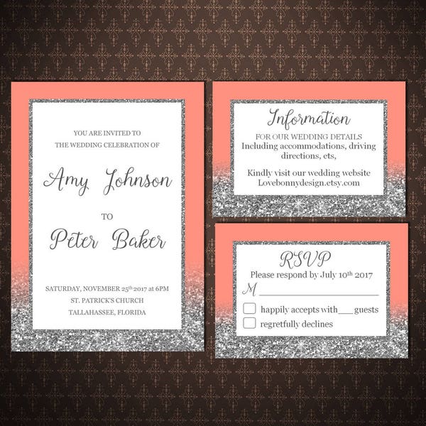 Wedding Invitation Set Printable, Coral and Silver Wedding invitation, Instant Download Templates, code-048-3
