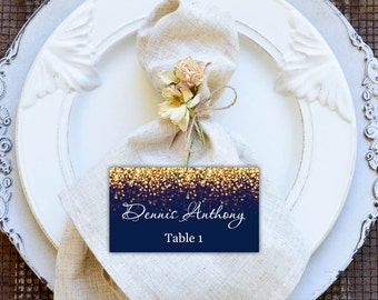 Place Cards, DIY Place Card Printable, Navy and Gold Glitter Wedding Place Card, code-024-2