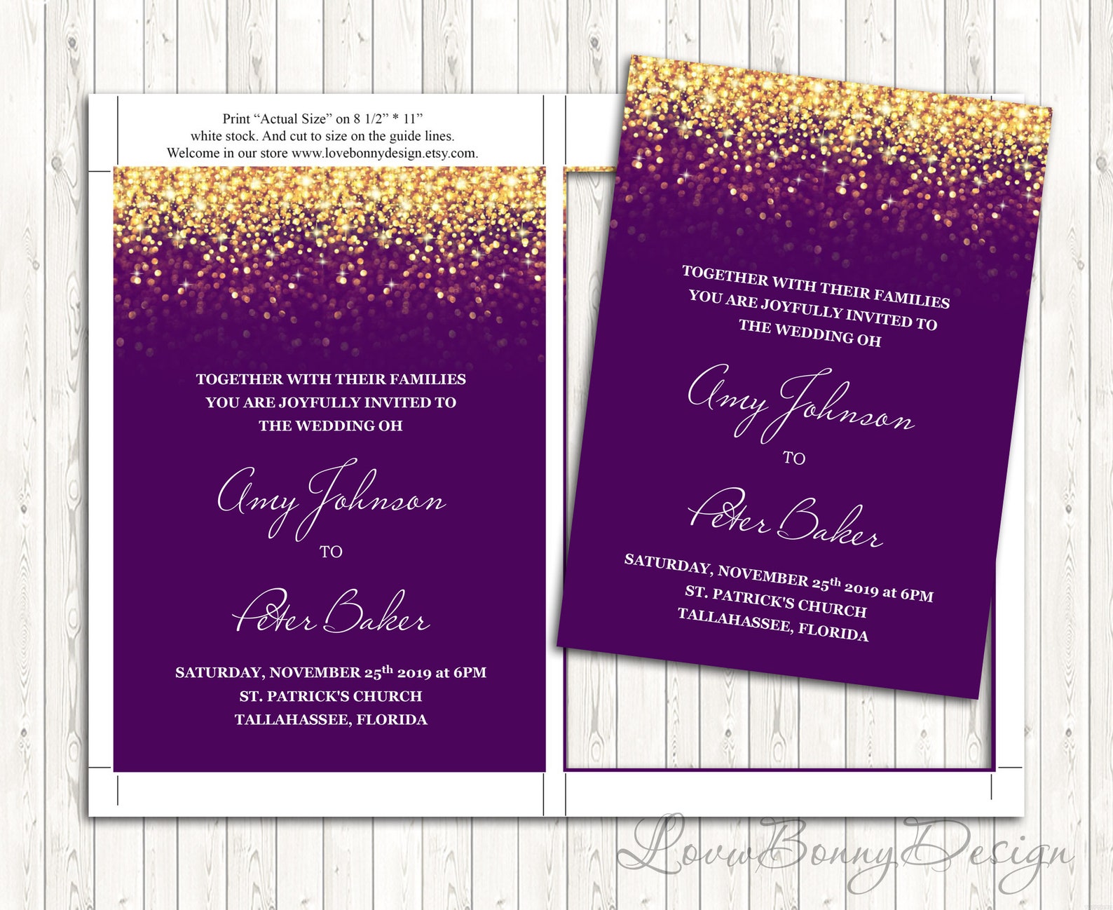 Wedding Invitation Printable Purple and Gold 5x7 inches | Etsy