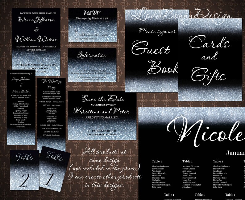 Black and Silver Glitter Sparkles, Silver and Black DIY Printable Wedding Program, Instant download, Editable wedding program, code 034-1 image 3