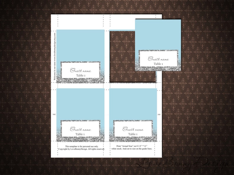 DIY Place Card Printable Light Blue and Silver Silver Glitter Wedding PlaceCards Blue Silver Place Cards code-048-1