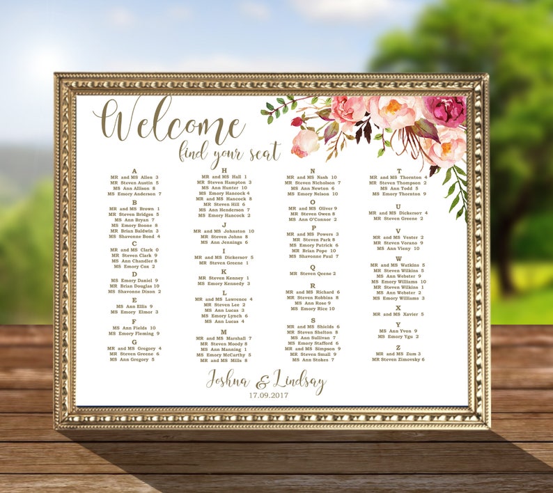 code-052 I Create and You Print Wedding Seating Chart Floral Decor Alphabetical order By Table