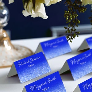Royal Blue and Silver Glitter Tent Wedding Place Cards, MS Word, doc, DIY Place Card Imprimable, code-034-5