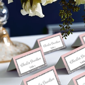Pink and Silver, Blush Pink Silver Place Cards, Silver Glitter Wedding PlaceCards, DIY Place Card Printable, code-048