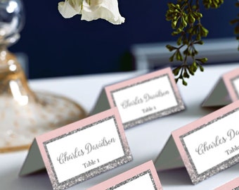 Pink and Silver, Blush Pink Silver Place Cards, Silver Glitter Wedding PlaceCards, DIY Place Card Printable, code-048