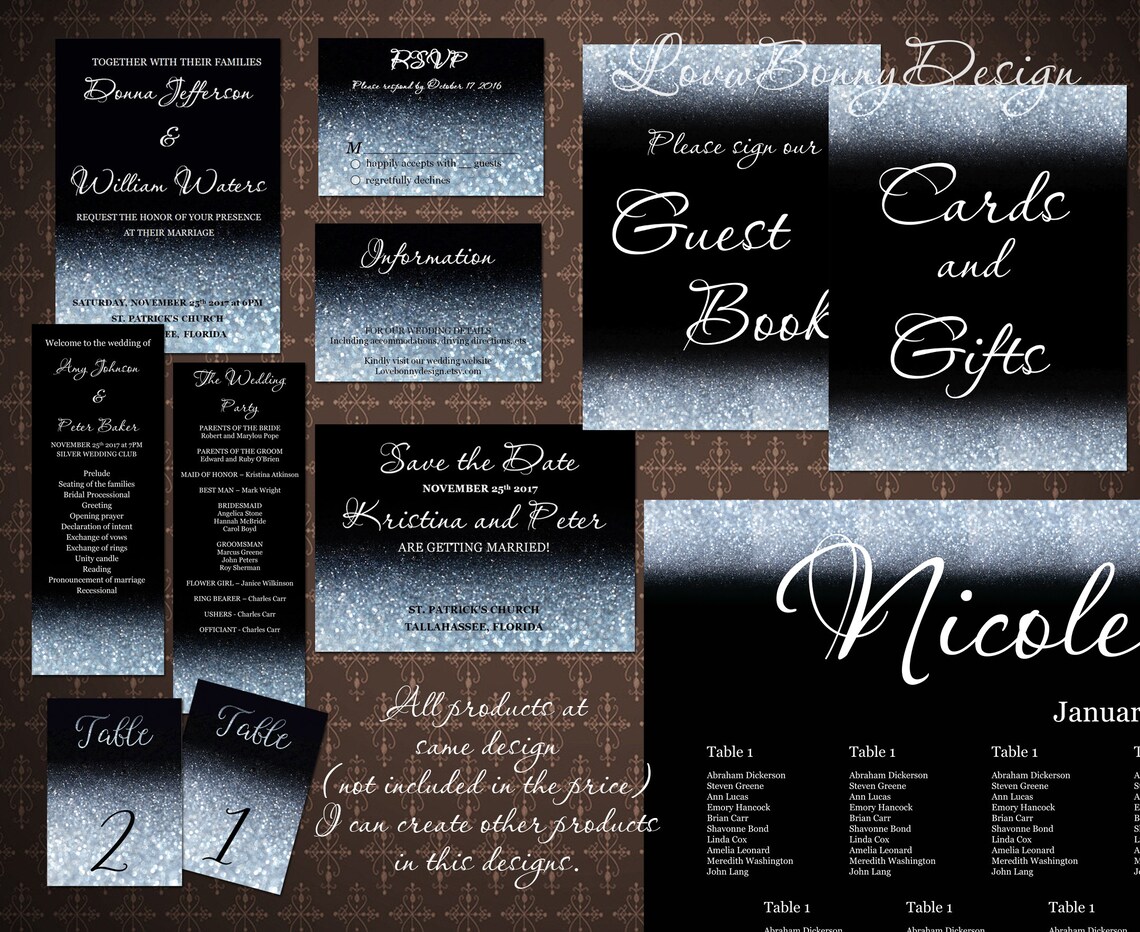 black-silver-wedding-invitation-printable-black-and-silver-etsy