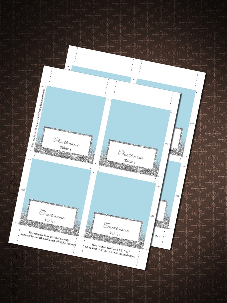 DIY Place Card Printable Light Blue and Silver Silver Glitter Wedding PlaceCards Blue Silver Place Cards code-048-1