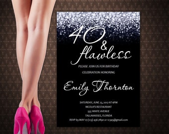 40th Birthday Invitation, 40 and Fabulous Invitation Black and Silver Sparkle, Digital Invitation, Instant download, code-024-3