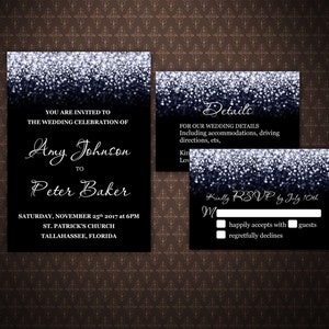Black and Silver Wedding Invitation Set, Silver Glitter, Silver Wedding Template, Editable Wedding Invitations, doc, code-024-3