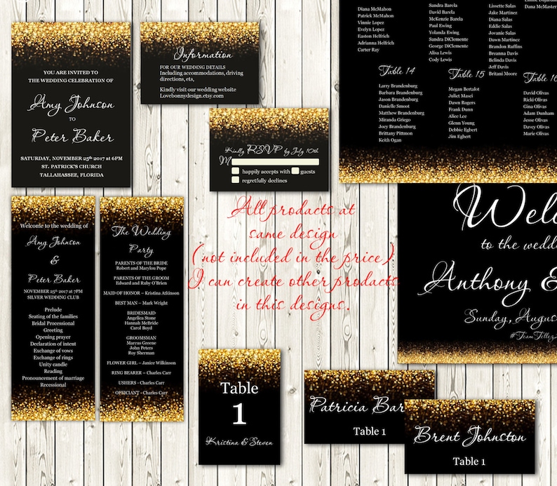 Black and Gold Glitter Tent Wedding Place Card, Place Cards, Avery 5302 DIY Place Card Printable, code-024-1 image 3