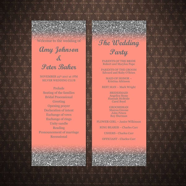 Wedding Program template, Coral and Silver Wedding, Coral Poster, Instant download, Printable weddimg program, code-048-3