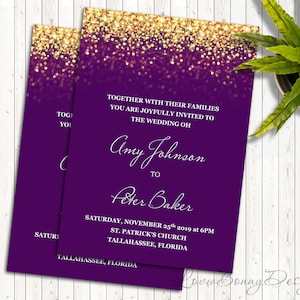 Wedding Invitation Printable Purple and Gold , 5x7 inches, Editable in Microsoft Word, Digital Invitation, code-069