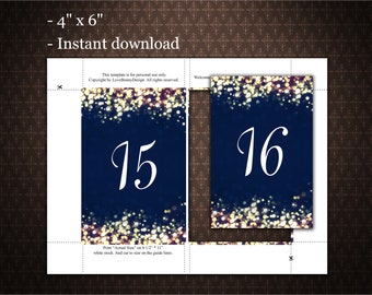 Navy Blue and Sparkle Table Numbers Cards 1-24 tables, 4x6 inches, Tabellennummer,  PDF, Digital File, code-023