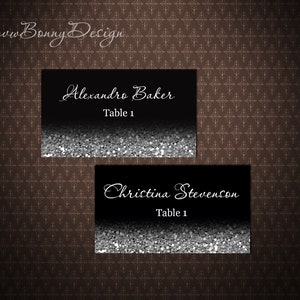 Black and Silver Place Cards, DIY Place Card Printable, Black and Silver Glitter Wedding Place Cards, code 048-8