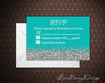 Turquoise and Silver Wedding RSVP Card Template, Wedding Response Cards, Editable Text, Microsoft Word, Instant Download, code-048-2