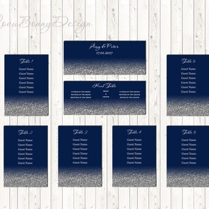 Tabla de asientos de boda de la marina de guerra y plata imprimible, tarjetas de asientos de bricolaje, plan de asientos editable, código-048-5