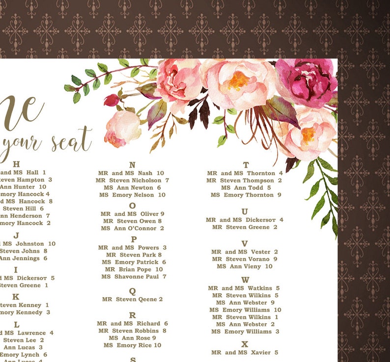code-052 I Create and You Print Wedding Seating Chart Floral Decor Alphabetical order By Table