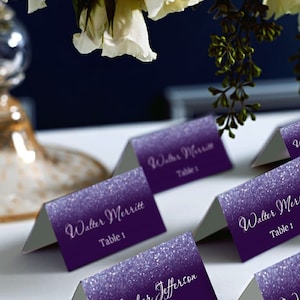 PlaceCard de mariage de tente de paillettes violet et argent, marque-places, MS Word.doc, Avery 5302 DIY Place Card imprimable, code-034-4