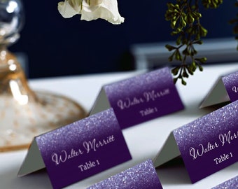 Purple and Silver Glitter Tent Wedding PlaceCard, Place Cards, MS Word.doc, Avery 5302 DIY Place Card Printable, code-034-4