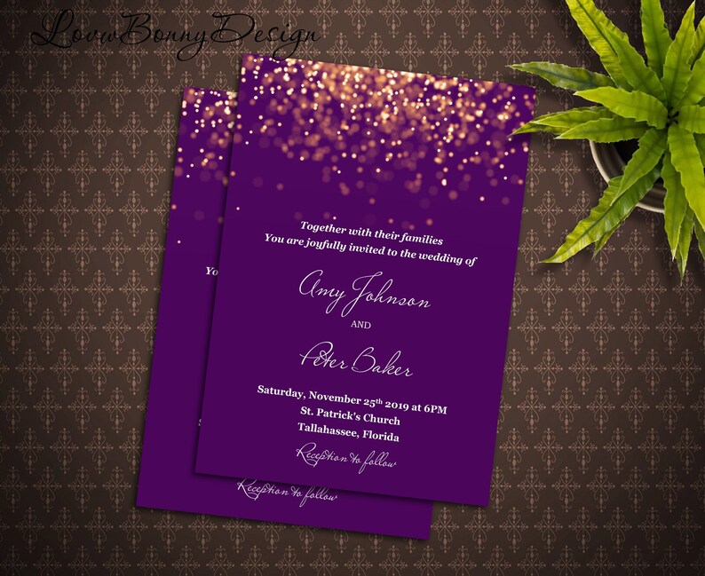 Purple and Gold Wedding Invitation Printable 5x7 Inches Etsy