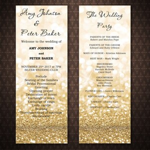 May include: A gold glitter wedding program with the names Amy Johnson and Peter Baker. The program lists the wedding party, including the parents of the bride and groom, the maid of honor, best man, bridesmaids, groomsmen, flower girl, ring bearer, ushers, and officiant. The wedding is scheduled for November 25, 2017 at 7 PM at the Silver Wedding Club.