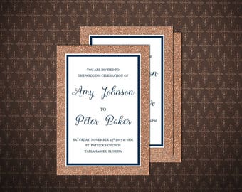 Rose Gold Navy Wedding Invitation, Blush and Navy Printable Wedding Invitation, Digital Invitation, code-053