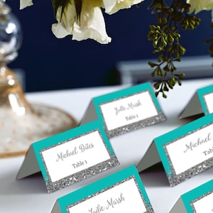 Cartes de lieu de mariage bleu turquoise, cartes de tente paillettes turquoise et argentée, menthe, carte de lieu de bricolage imprimable, code-048-2