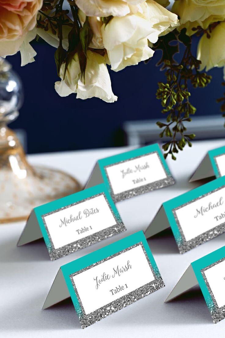 Tarjetas de lugar de boda azul turquesa, tarjetas de lugar de carpa  turquesa y plata brillante, menta, tarjeta de lugar de bricolaje imprimible,, image size:736x1104
