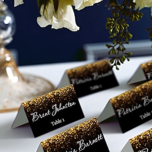 Schwarz und Gold Glitzer Zelt Tischkarte, Tischkarten, Avery 5302 DIY Tischkarte Druckbar, Code-024-1