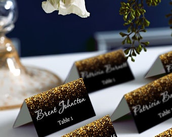 Black and Gold Glitter Tent Wedding Place Card, Place Cards, Avery 5302 DIY Place Card Imprimable, code-024-1