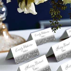 Carte posto in nero e argento, biglietto da sposa fai-da-solo stampabile, codice 048-8