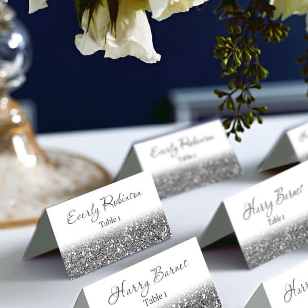 Black and Silver Place Cards, DIY Wedding Place Card Printable, code 048-8