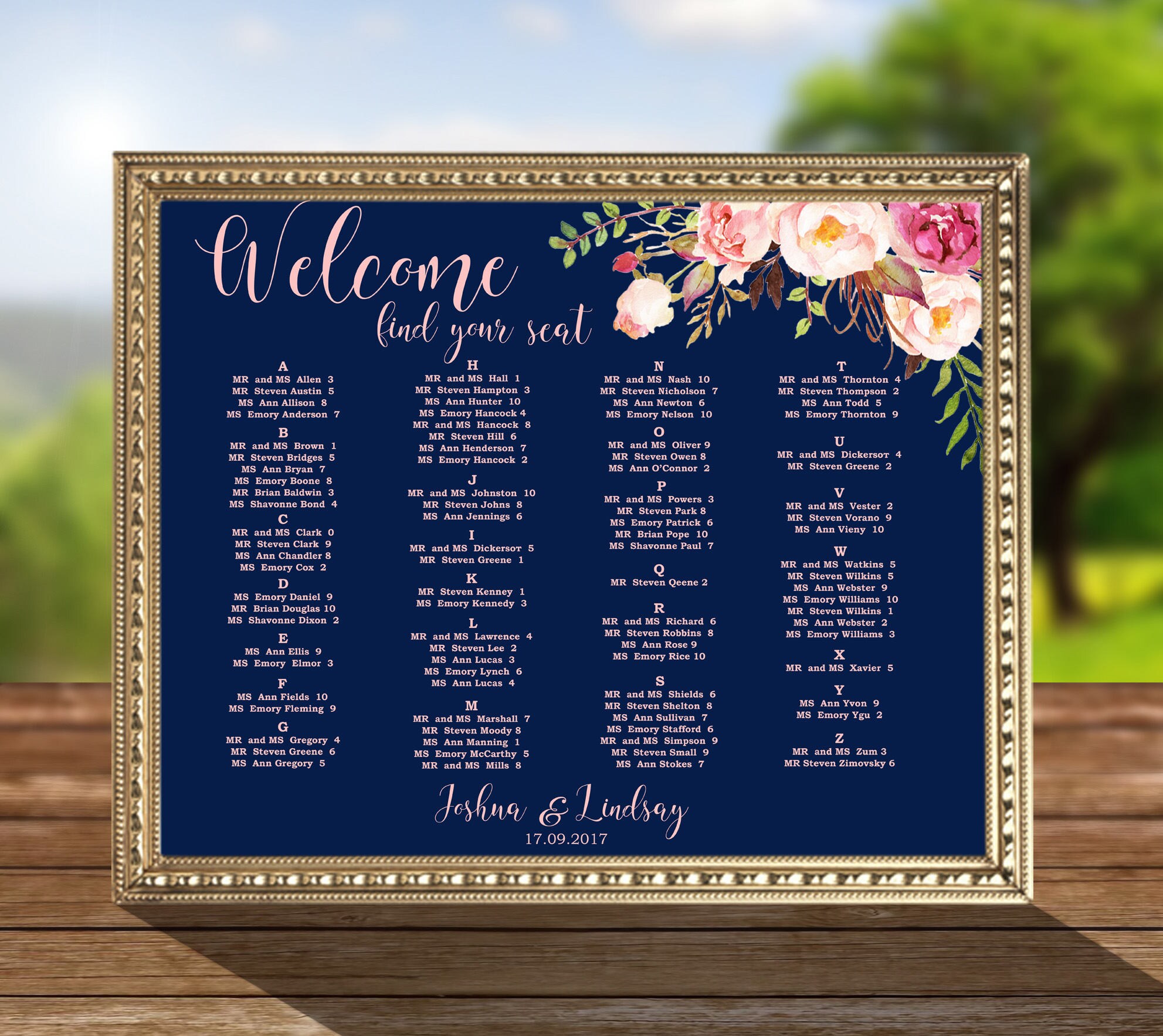 Wedding Seating Chart Alphabetical Order Table Order Navy Etsy