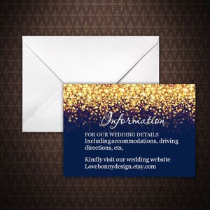 Navy and Gold Glitter Wedding Information Card Template,Editable Text, Microsoft Word, Instand Download, code-024-2
