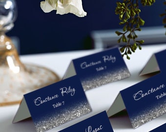 Navy and Silver Glitter Tent Place Cards, Place Cards, Avery 5302 DIY Place Card Printable, code-048-4