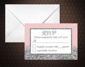 Pink Blush and Silver Glitter RSVP Card Printable, Silver Sparkles Printable Respond Card, Instant Download, code-048