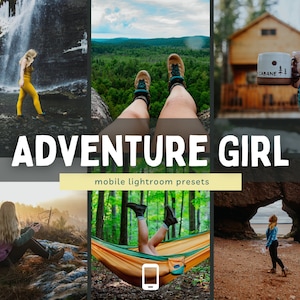 May include: A collage of images featuring a woman enjoying outdoor adventures. The images include a woman standing near a waterfall, a woman relaxing in a hammock, a woman sitting on a rock, and a woman standing in front of a rock archway. The text "Adventure Girl" and "mobile lightroom presets" are also included in the collage.